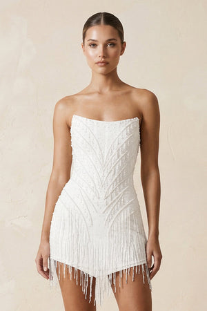 Strapless Sheath Mini Wedding Dress with Tassel in White - SHE IS ME Wedding Dresses