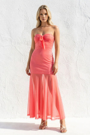 Strapless Sheath Open Back Midi Dress in Coral Pink - SHE IS ME