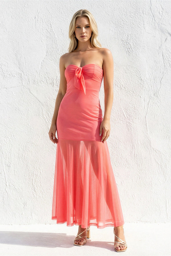 Strapless Sheath Open Back Midi Dress in Coral Pink - SHE IS ME