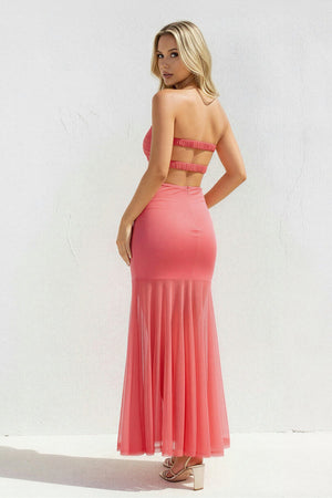 Strapless Sheath Open Back Midi Dress in Coral Pink - SHE IS ME