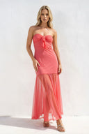 Strapless Sheath Open Back Midi Dress in Coral Pink - KISSBRIDAL