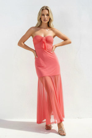 Strapless Sheath Open Back Midi Dress in Coral Pink - SHE IS ME