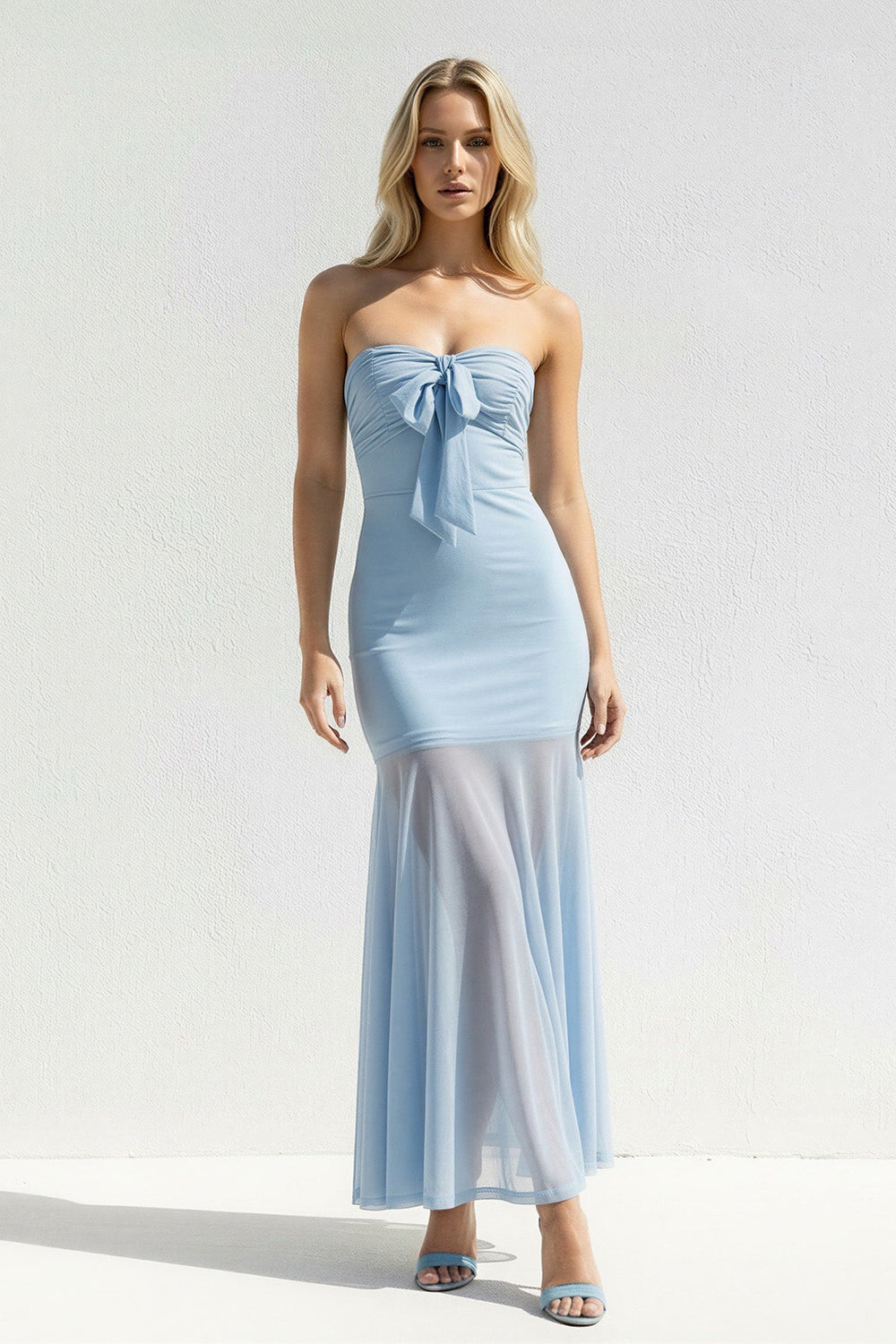 Strapless Sheath Open Back Midi Dress in Sky Blue - SHE IS ME