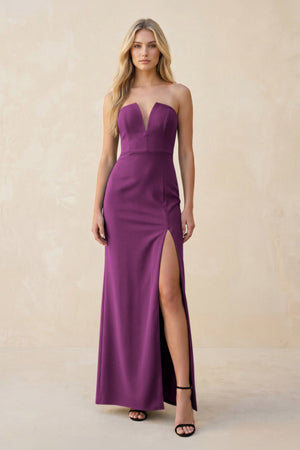 Strapless Sheath Satin Bridesmaid Dress With Slit in Fig - SHE IS ME Bridesmaid Dresses