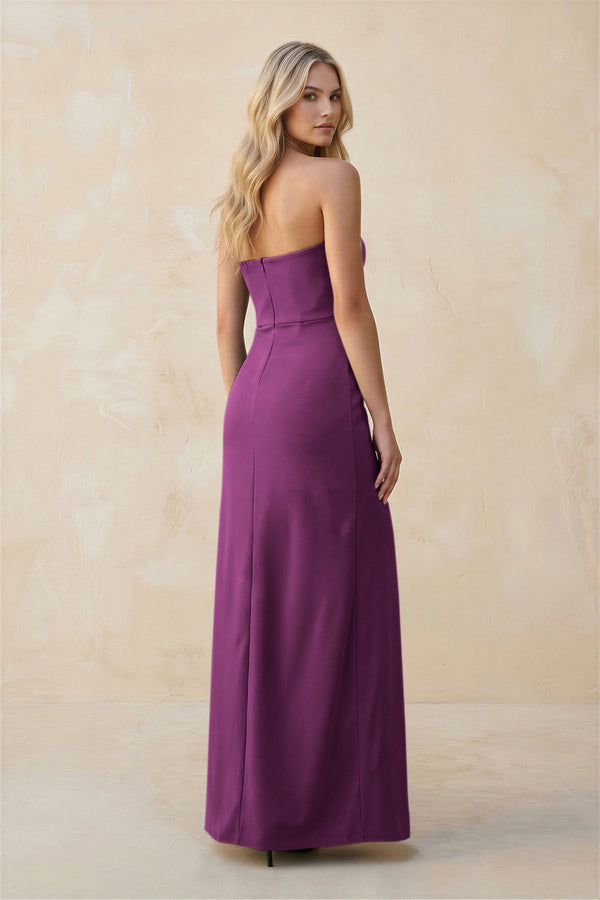 Strapless Sheath Satin Bridesmaid Dress With Slit in Fig - SHE IS ME Bridesmaid Dresses