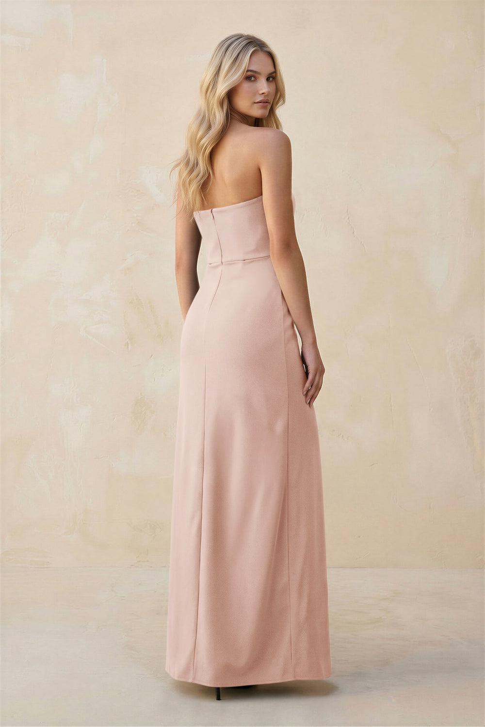 Strapless Sheath Satin Bridesmaid Dress With Slit in Pale Blush - SHE IS ME Bridesmaid Dresses
