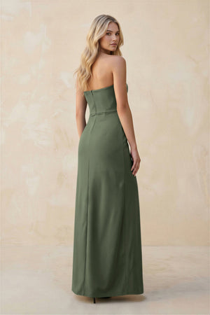 Strapless Sheath Satin Bridesmaid Dress With Slit in Thyme - SHE IS ME Bridesmaid Dresses