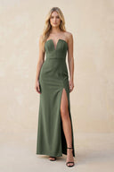 Strapless Sheath Satin Bridesmaid Dress With Slit in Thyme - SHE IS ME Bridesmaid Dresses