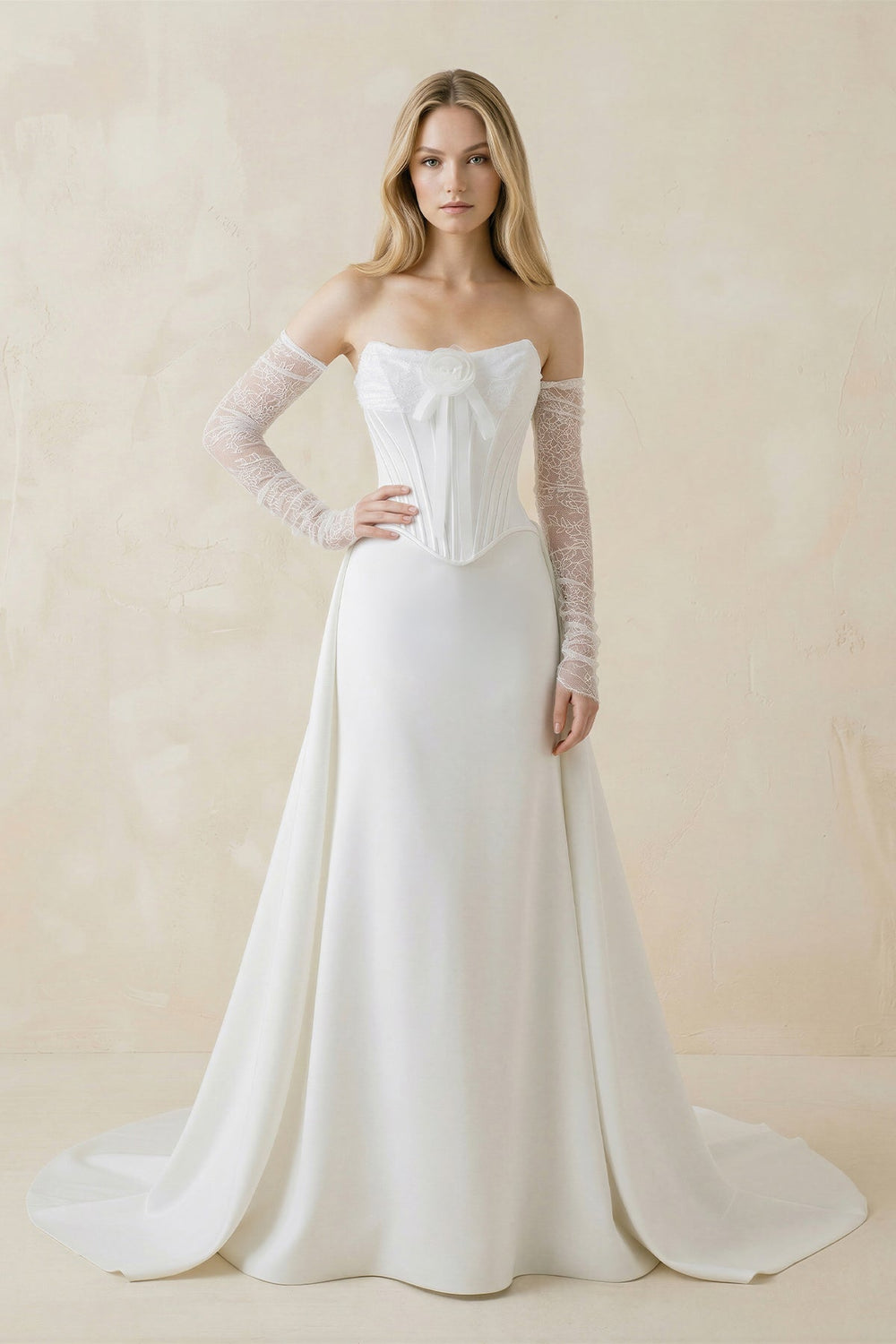 Strapless Sheath Satin Corset Wedding Dress With Detachable Sleeves in White - SHE IS ME Wedding Dresses