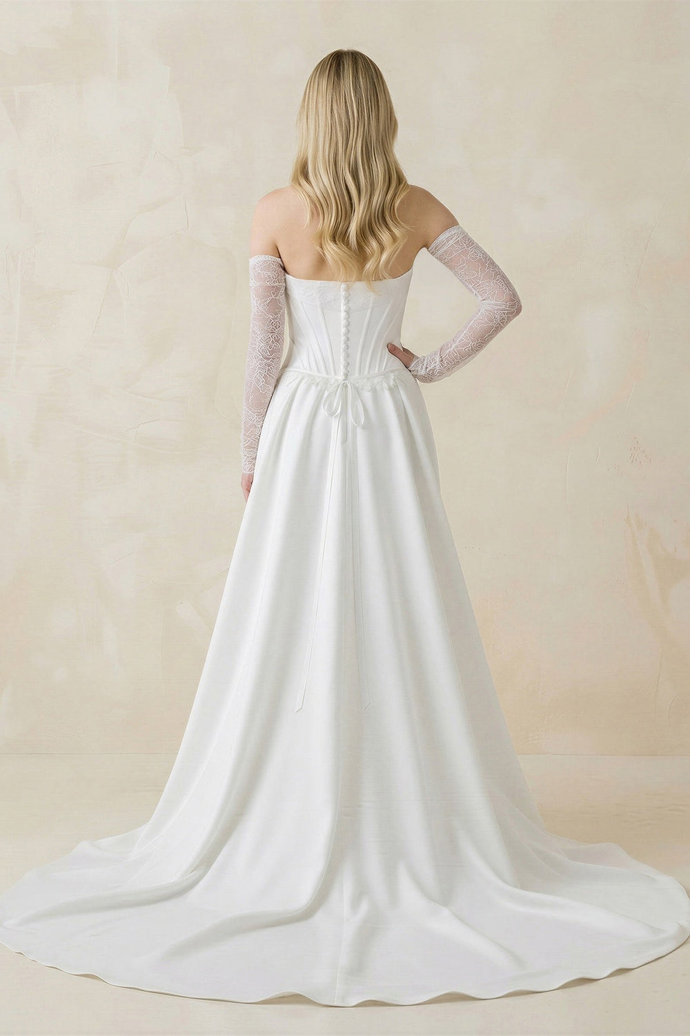 Strapless Sheath Satin Corset Wedding Dress With Detachable Sleeves in White - SHE IS ME Wedding Dresses