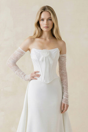 Strapless Sheath Satin Corset Wedding Dress With Detachable Sleeves in White - SHE IS ME Wedding Dresses