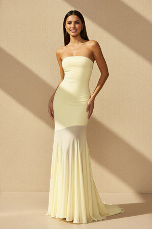 Strapless Sheer - Panel Maxi Dress in Yellow - SHE IS ME PROM DRESSES