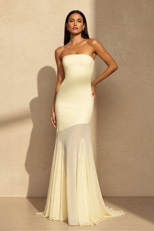Strapless Sheer - Panel Maxi Dress in Yellow - SHE IS ME PROM DRESSES