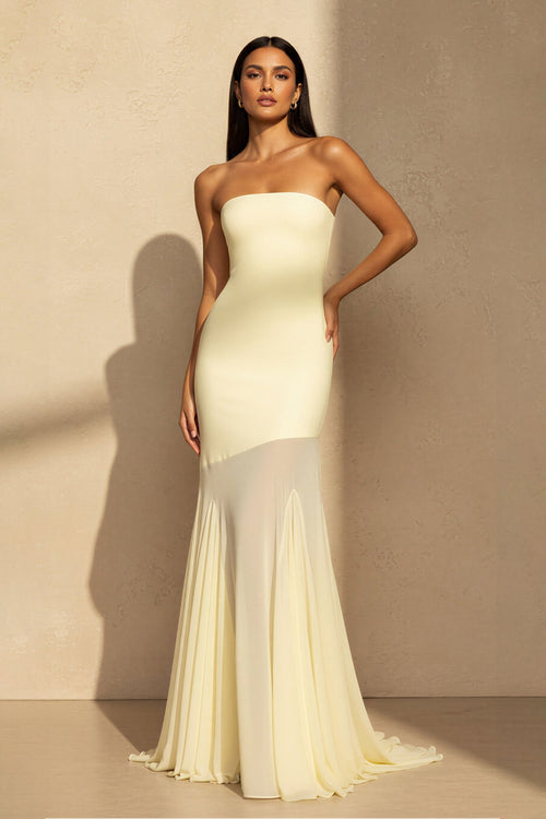 Strapless Sheer - Panel Maxi Dress in Yellow - SHE IS ME PROM DRESSES