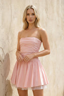 Strapless Taffeta Ruched Mini Dress in Pink - SHE IS ME