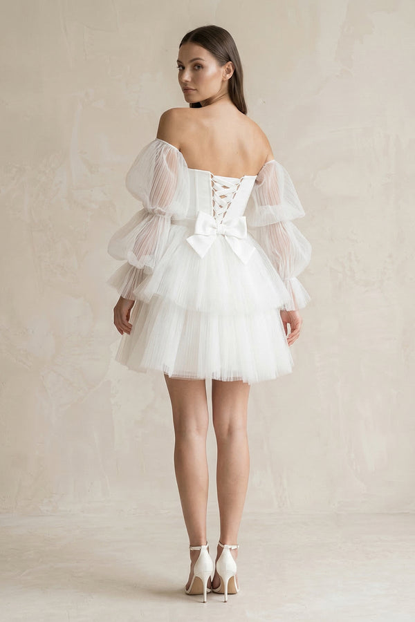 Strapless Tiered A - Line Tulle Mini Wedding Dress With Sleeves in White - SHE IS ME Wedding Dresses