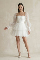 Strapless Tiered A - Line Tulle Mini Wedding Dress With Sleeves in White - SHE IS ME Wedding Dresses