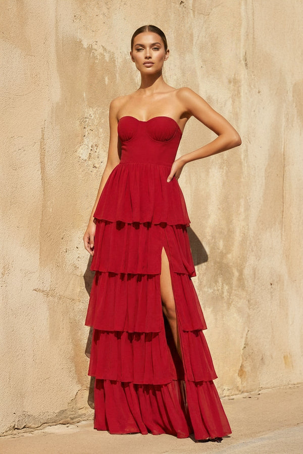 Strapless Tiered Maxi Dress in Red - SHE IS ME PROM DRESSES
