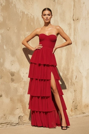 Strapless Tiered Maxi Dress in Red - SHE IS ME