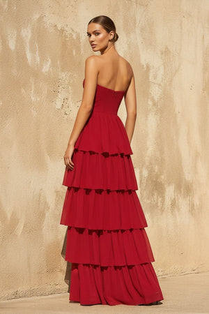 Strapless Tiered Maxi Dress in Red - SHE IS ME PROM DRESSES