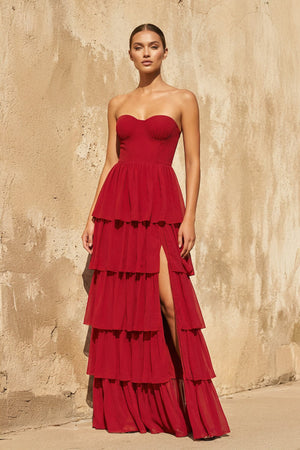 Strapless Tiered Maxi Dress in Red - SHE IS ME