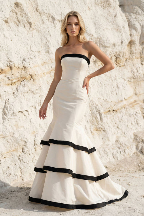 Strapless Tiered Mermaid Gown in Black and White - SHE IS ME