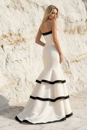 Strapless Tiered Mermaid Gown in Black and White - SHE IS ME