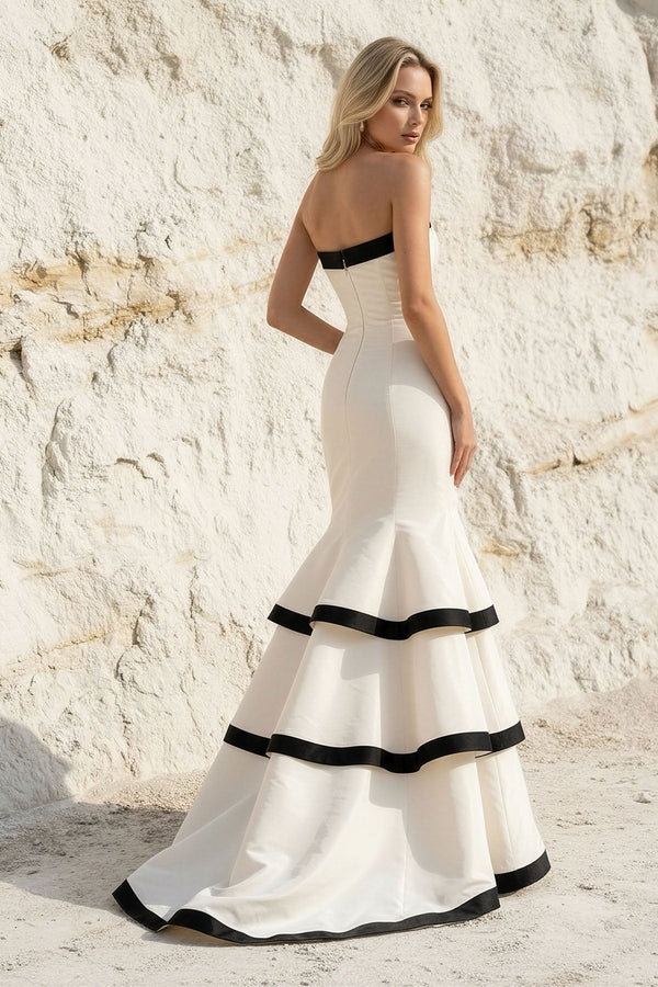 Strapless Tiered Mermaid Gown in Black and White - SHE IS ME