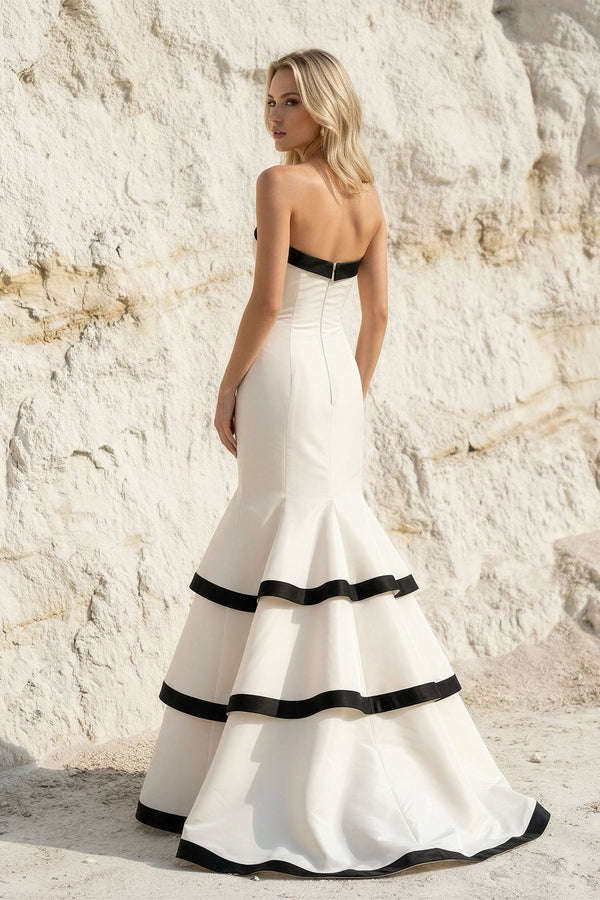Strapless Tiered Mermaid Gown in Black and White - SHE IS ME