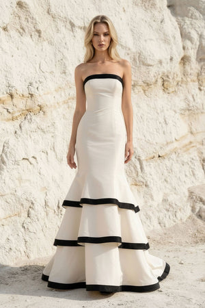 Strapless Tiered Mermaid Gown in Black and White - SHE IS ME