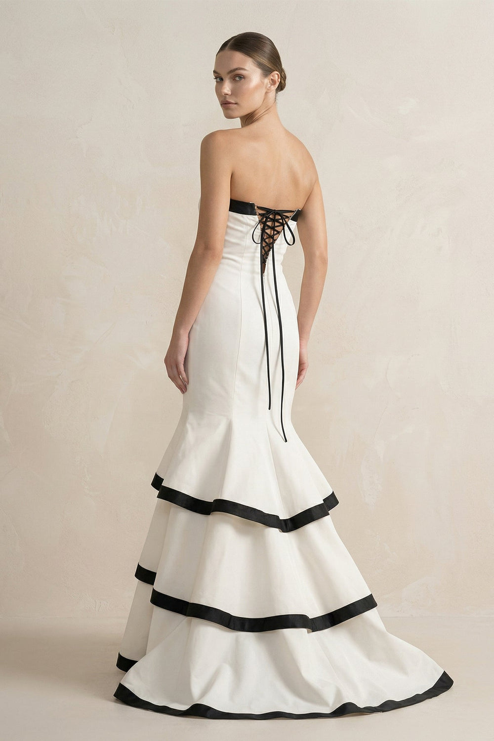Strapless Tiered Mermaid Prom Gown in Black and White - SHE IS ME PROM DRESSES