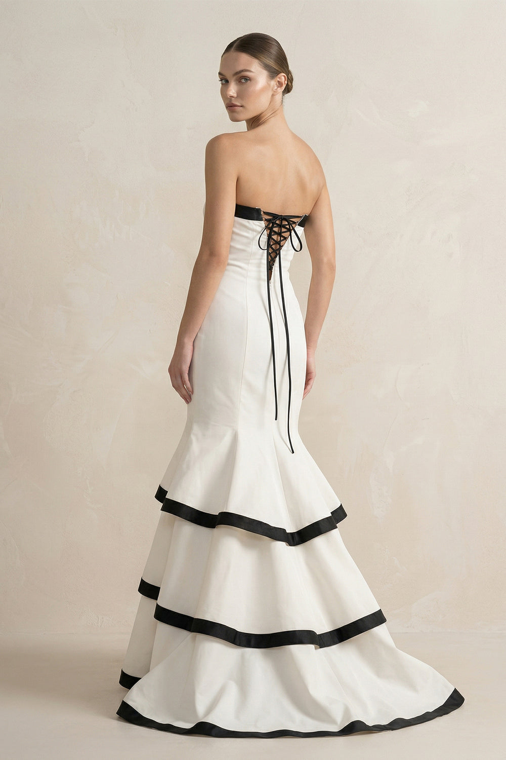 Strapless Tiered Mermaid Prom Gown in Black and White