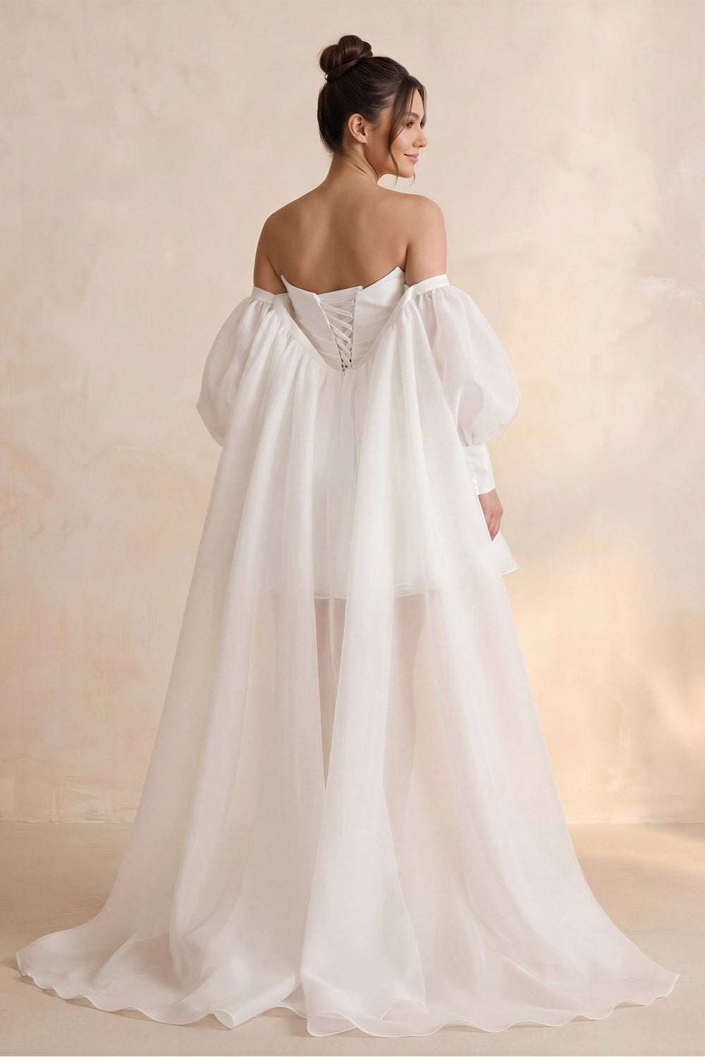 Strapless Tulle A - Line Mini Wedding Dress with Cape in White - SHE IS ME Wedding Dresses