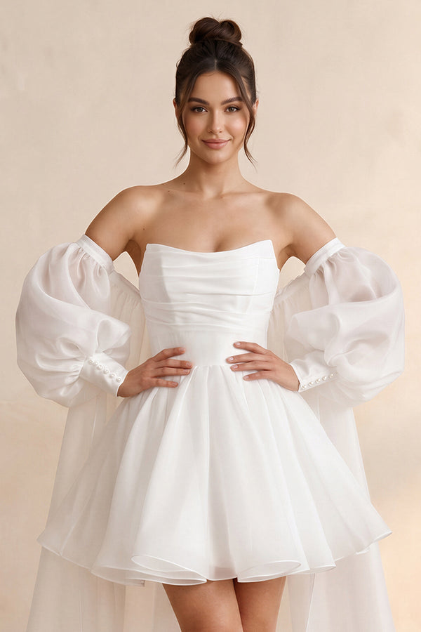 Strapless Tulle A - Line Mini Wedding Dress with Cape in White - SHE IS ME Wedding Dresses