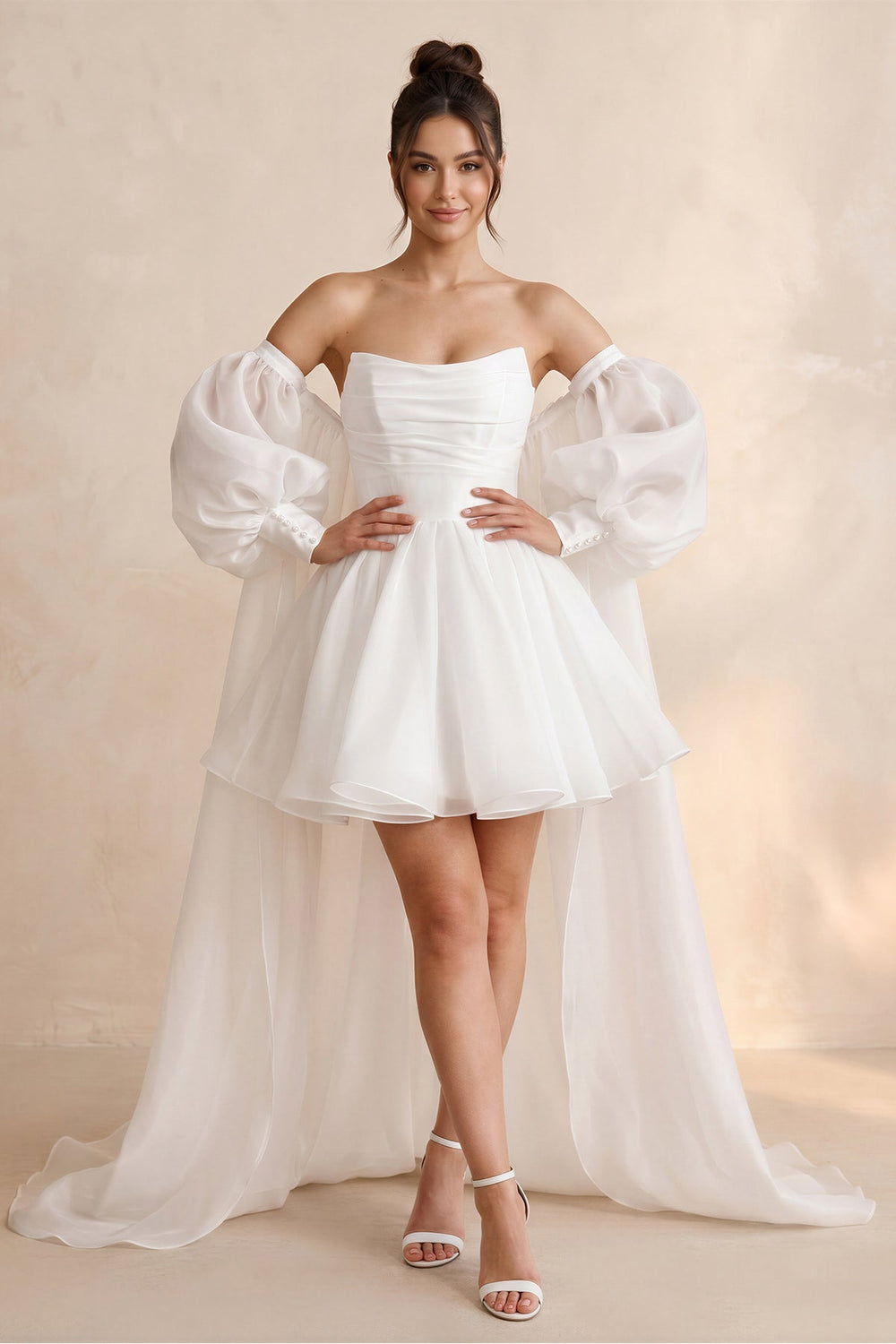 Strapless Tulle A - Line Mini Wedding Dress with Cape in White - SHE IS ME Wedding Dresses