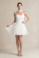 Strapless Tulle A - Line Ruched Mini Wedding Dress in White - SHE IS ME Wedding Dresses