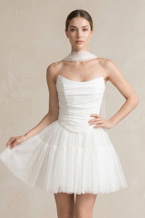 Strapless Tulle A - Line Ruched Mini Wedding Dress in White - SHE IS ME Wedding Dresses