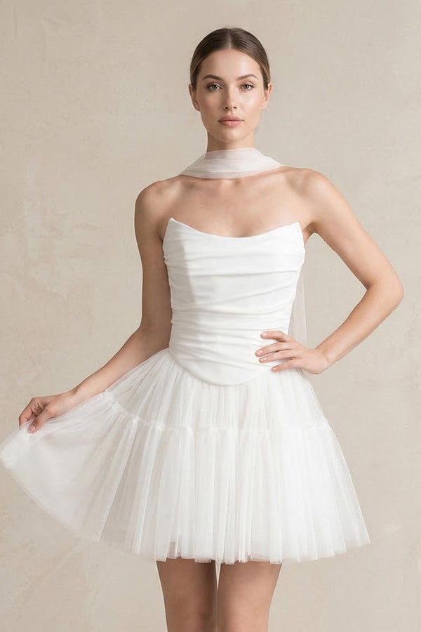 Strapless Tulle A - Line Ruched Mini Wedding Dress in White - SHE IS ME Wedding Dresses