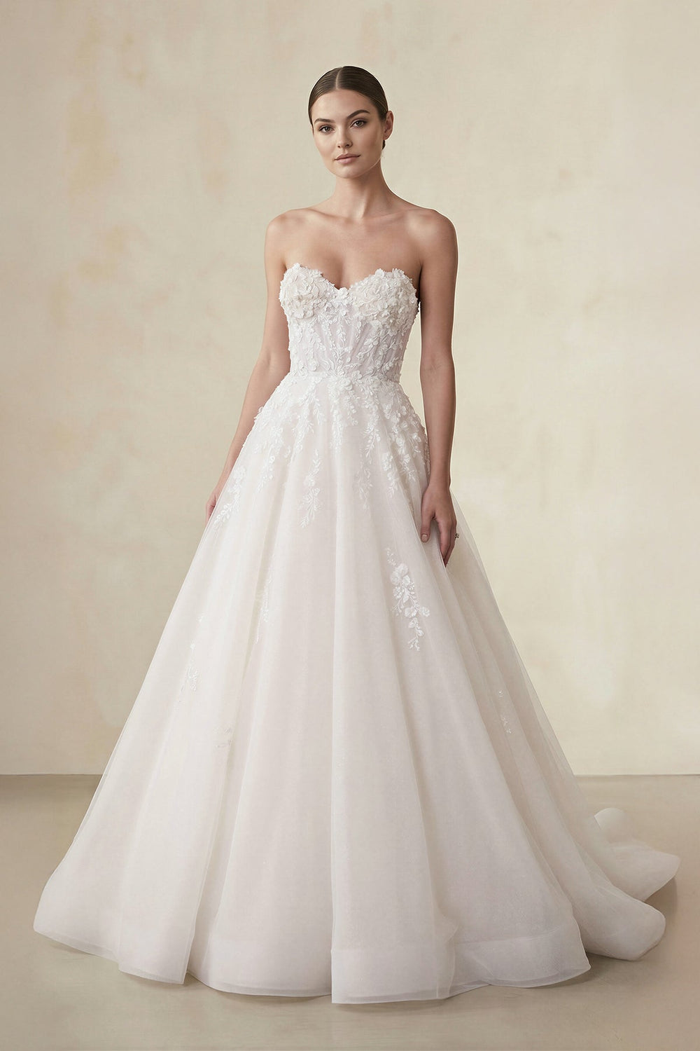 Strapless Tulle A Line Wedding Dress With Appliques in Ivory - SHE IS ME Wedding Dresses
