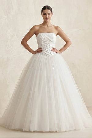 Strapless Tulle Ball Gown Ruched Wedding Dress in Ivory - SHE IS ME Wedding Dresses
