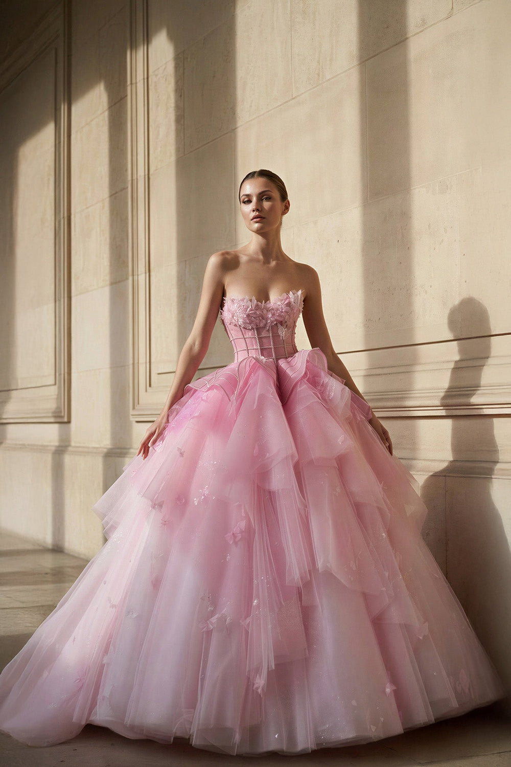 Strapless Tulle Gown With Appliques in Pink - SHE IS ME Prom Dresses