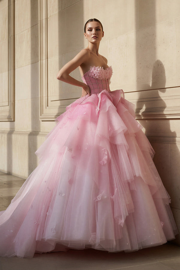 Strapless Tulle Gown With Appliques in Pink - SHE IS ME Prom Dresses