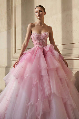 Strapless Tulle Gown With Appliques in Pink - SHE IS ME Prom Dresses