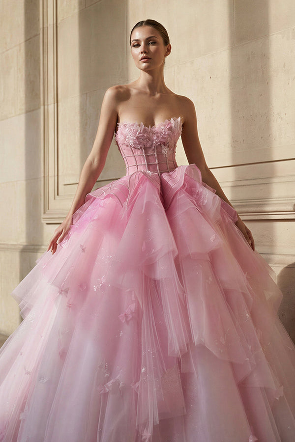 Strapless Tulle Gown With Appliques in Pink - SHE IS ME Prom Dresses