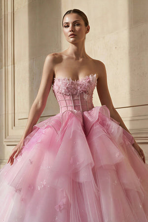 Strapless Tulle Gown With Appliques in Pink - SHE IS ME Prom Dresses