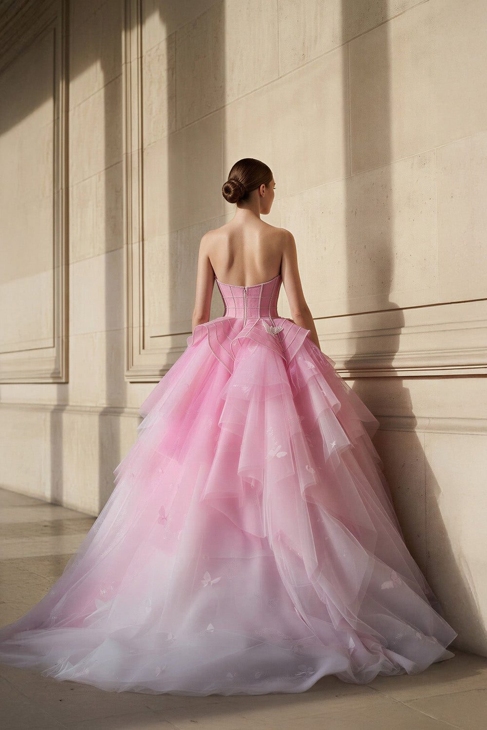 Strapless Tulle Gown With Appliques in Pink - SHE IS ME
