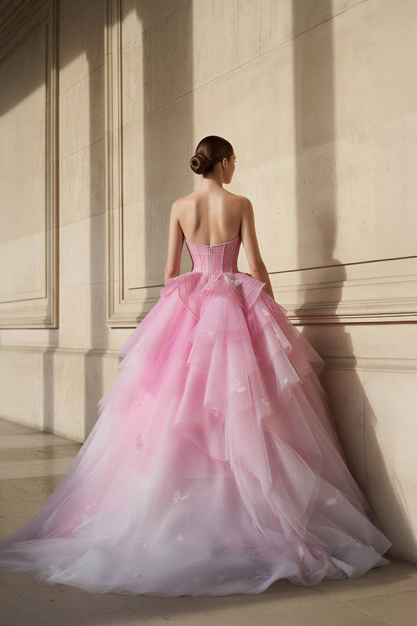 Strapless Tulle Gown With Appliques in Pink - SHE IS ME Prom Dresses