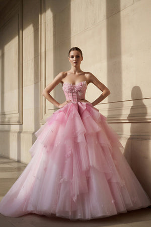 Strapless Tulle Gown With Appliques in Pink - SHE IS ME