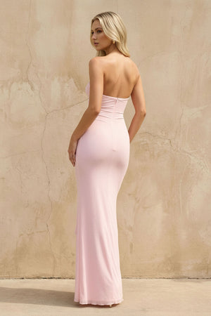 Sheisme-Pink Jersey Strapless Sheath Maxi Evening Formal Dress with Ruffles and Cutout