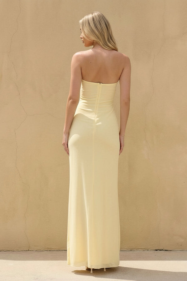 Strapless Twist - Front Ruffled Maxi Dress in Yellow - SHE IS ME PROM DRESSES